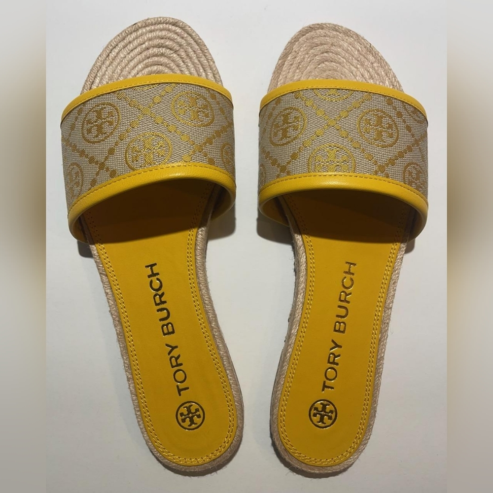 NWT Tory Burch T Monogram Espadrille Slide Sandals Goldfinch Jacquard